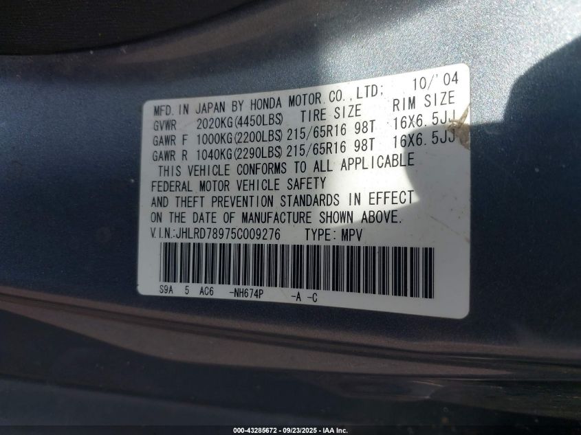 2005 Honda Cr-V Se VIN: JHLRD78975C009276 Lot: 43285672