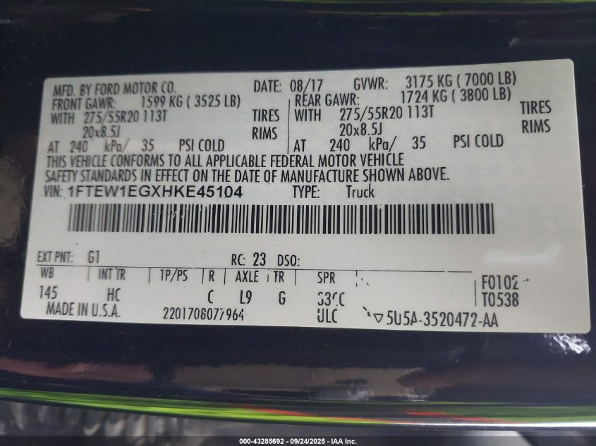 2017 Ford F-150 Lariat VIN: 1FTEW1EGXHKE45104 Lot: 43285692