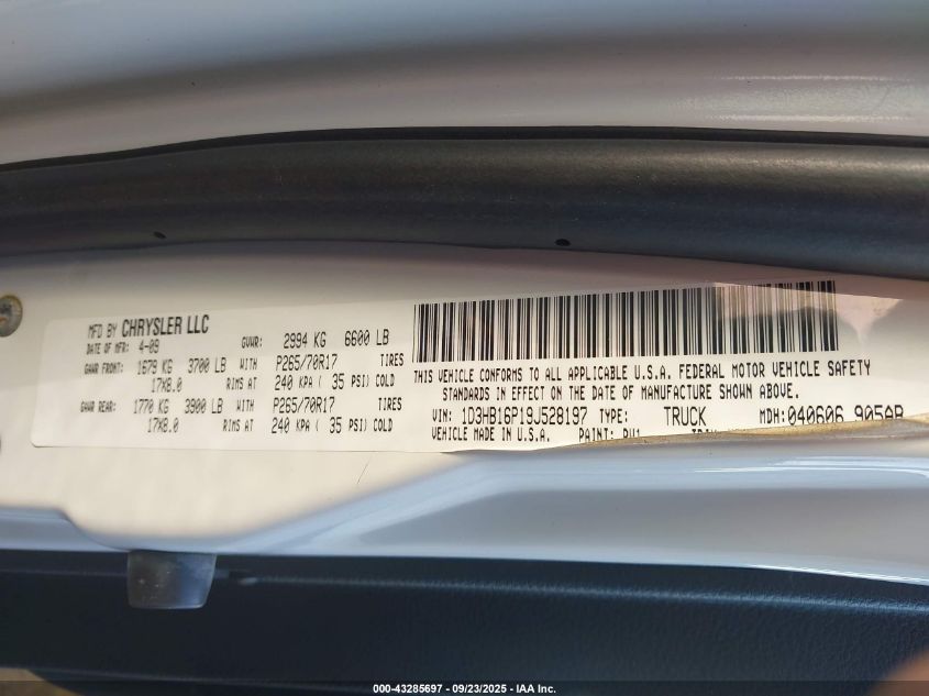 2009 Dodge Ram 1500 St VIN: 1D3HB16P19J528197 Lot: 43285697