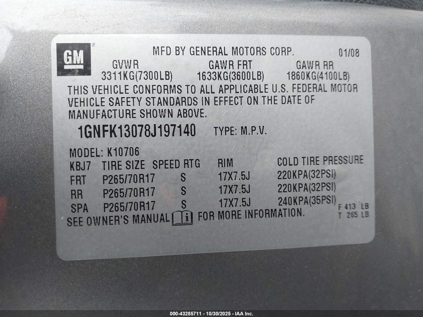 2008 Chevrolet Tahoe Ls VIN: 1GNFK13078J197140 Lot: 43285711