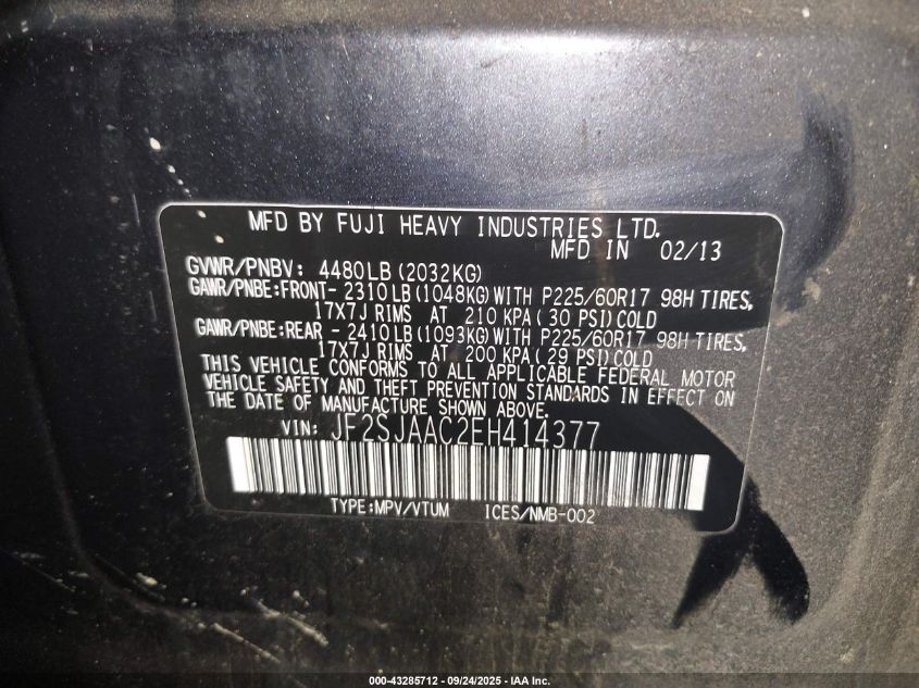 2014 Subaru Forester 2.5I VIN: JF2SJAAC2EH414377 Lot: 43285712