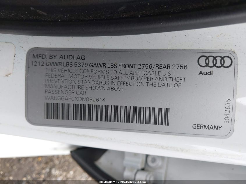 2013 Audi A6 3.0T Premium VIN: WAUGGAFCXDN092614 Lot: 43285716