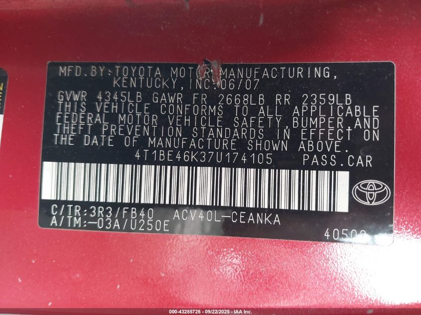 2007 Toyota Camry Le VIN: 4T1BE46K37U174105 Lot: 43285726