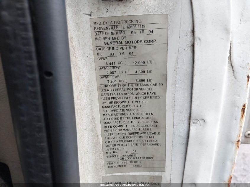 2004 Chevrolet Express Cutaway Base W/C7L/C7N VIN: 1GBJG31UX41201069 Lot: 43285729