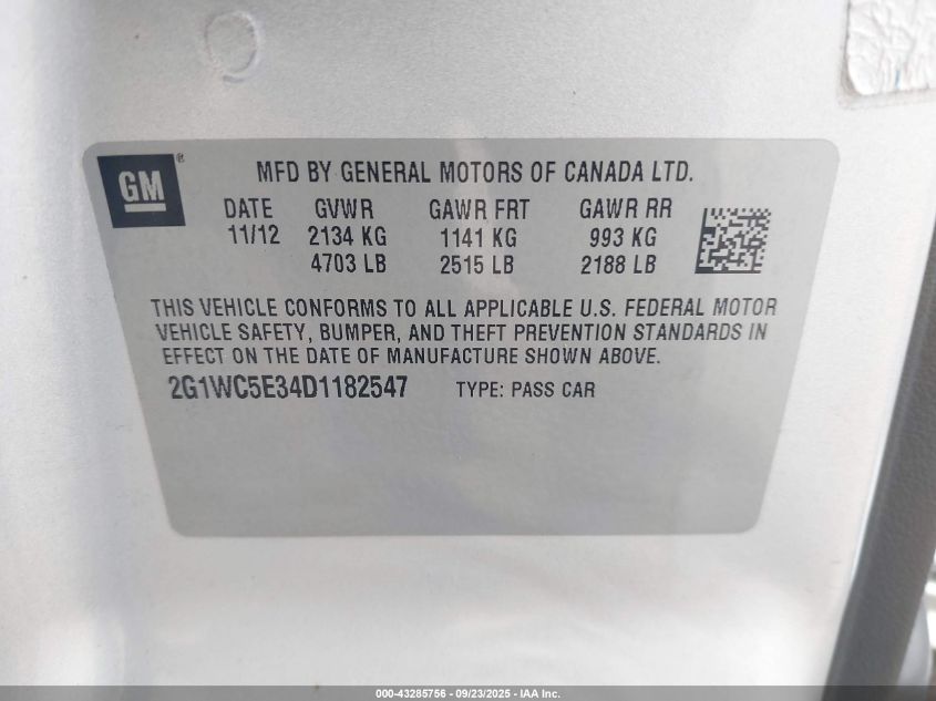 2013 Chevrolet Impala Ltz VIN: 2G1WC5E34D1182547 Lot: 43285756