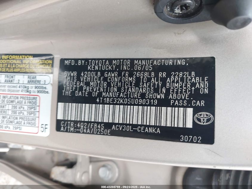 2005 Toyota Camry Le VIN: 4T1BE32K05U090319 Lot: 43285759
