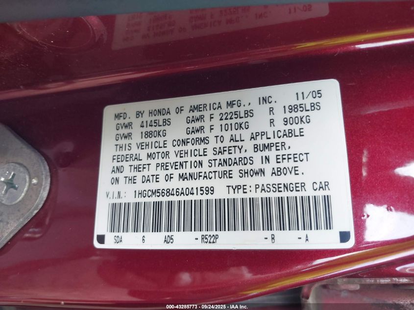 2006 Honda Accord 2.4 Ex VIN: 1HGCM56846A041599 Lot: 43285773