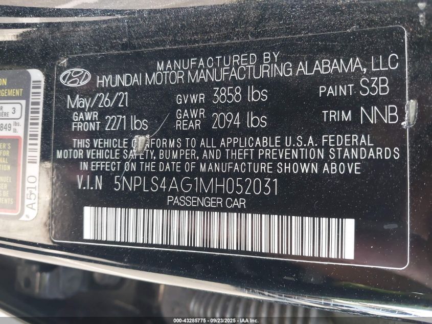 2021 Hyundai Elantra Sel VIN: 5NPLS4AG1MH052031 Lot: 43285775