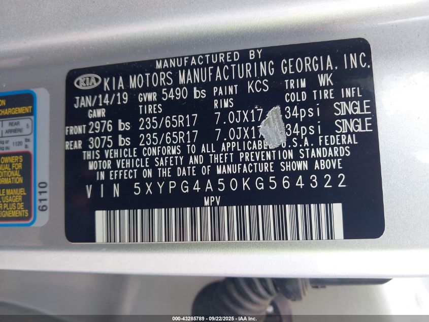 2019 Kia Sorento 3.3L Lx VIN: 5XYPG4A50KG564322 Lot: 43285789