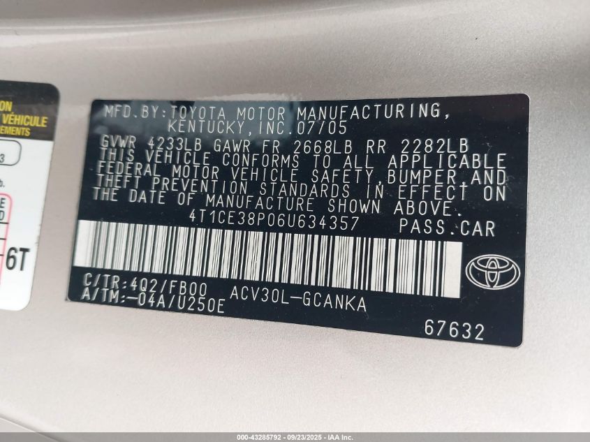 2006 Toyota Camry Solara Se VIN: 4T1CE38P06U634357 Lot: 43285792