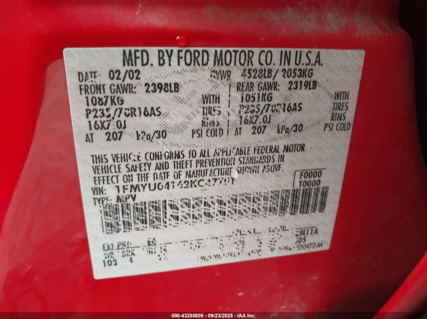 2002 Ford Escape Xlt VIN: 1FMYU04162KC47701 Lot: 43285808