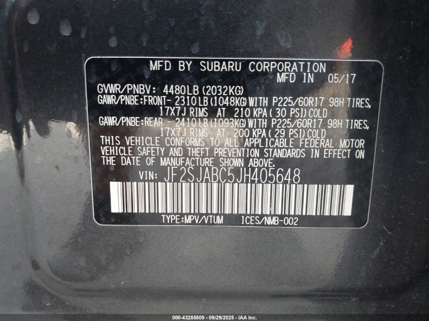 2018 Subaru Forester 2.5I VIN: JF2SJABC5JH405648 Lot: 43285809