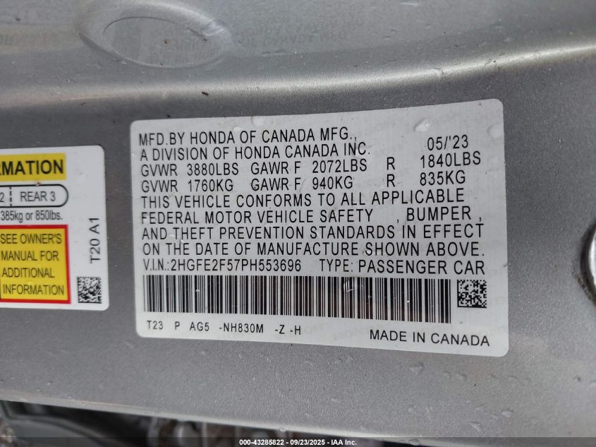 2023 HONDA CIVIC SPORT - 2HGFE2F57PH553696