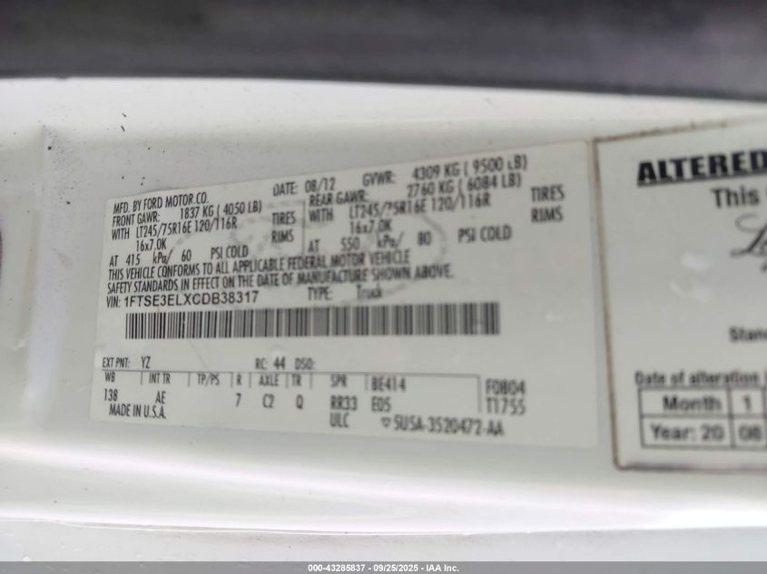 2012 Ford E-350 Super Duty Commercial VIN: 1FTSE3ELXCDB38317 Lot: 43285837