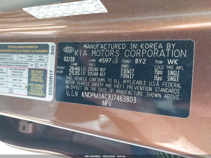 2018 Kia Sportage Lx VIN: KNDPM3AC8J7463803 Lot: 43285862