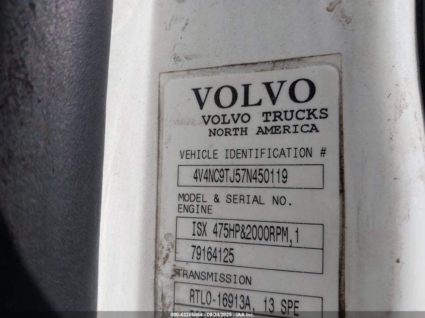 2007 Volvo Vn Vnl VIN: 4V4NC9TJ57N450119 Lot: 43285864