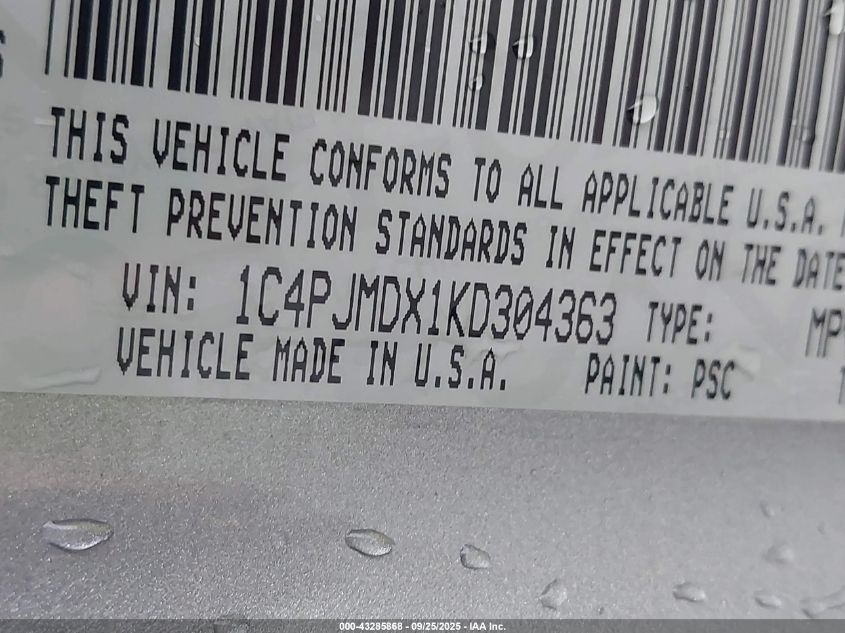 2019 Jeep Cherokee Limited 4X4 VIN: 1C4PJMDX1KD304363 Lot: 43285868
