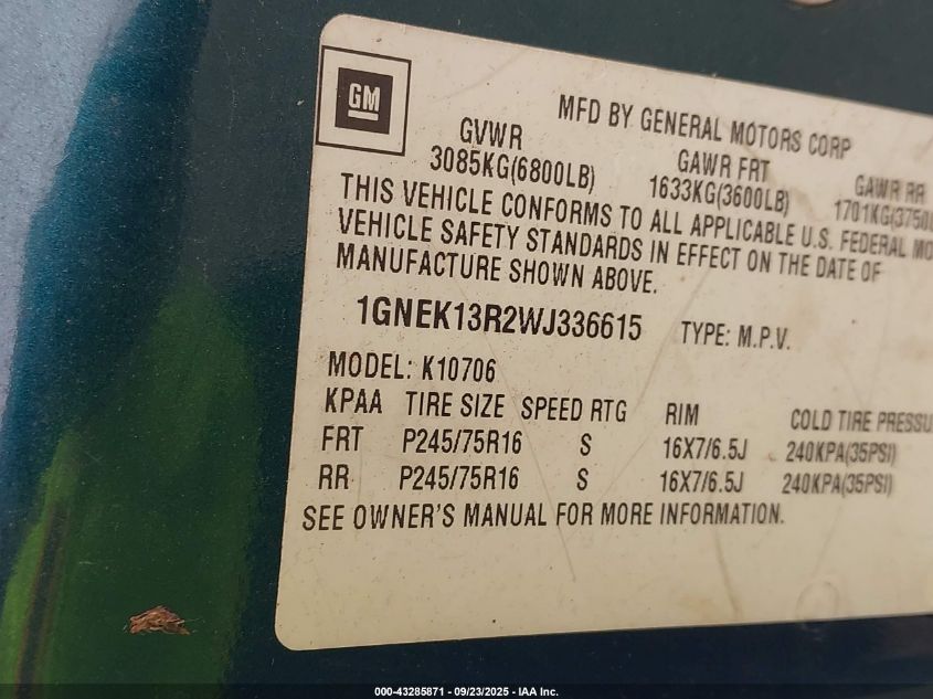 1998 Chevrolet Tahoe Ls VIN: 1GNEK13R2WJ336615 Lot: 43285871