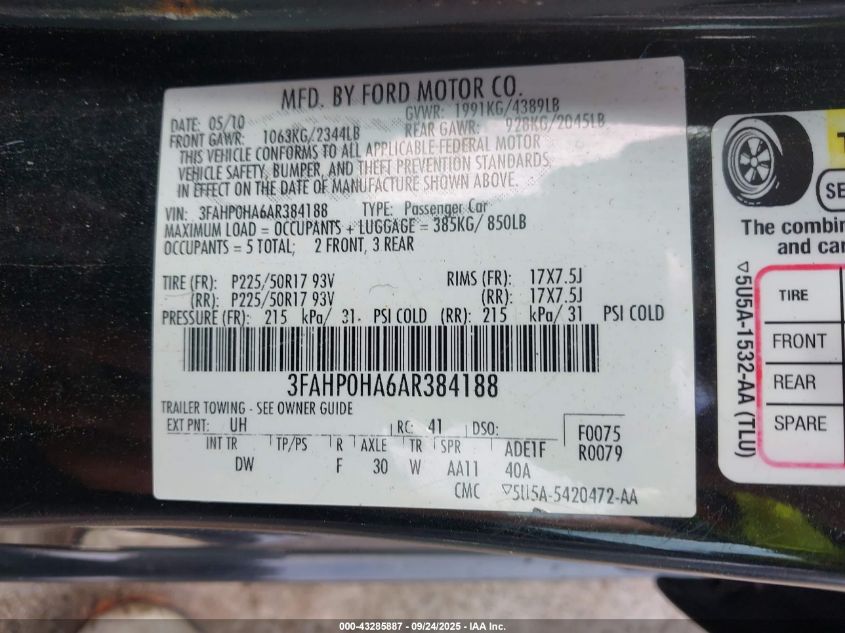 2010 Ford Fusion Se VIN: 3FAHP0HA6AR384188 Lot: 43285887