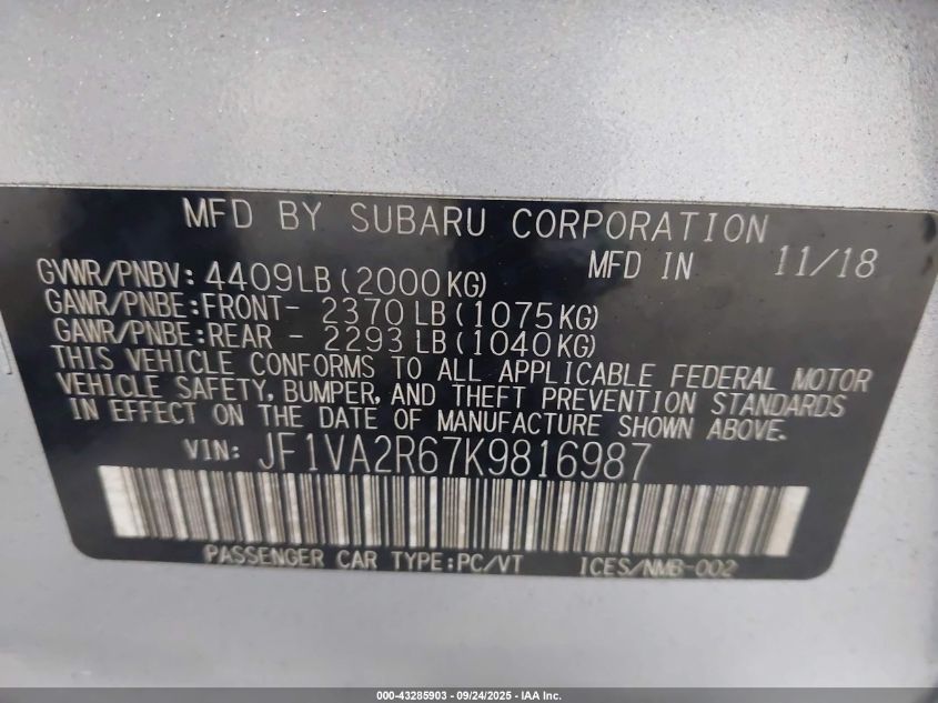 2019 Subaru Wrx Sti VIN: JF1VA2R67K9816987 Lot: 43285903