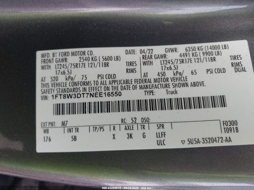 2022 Ford F-350 Lariat VIN: 1FT8W3DT7NEE16550 Lot: 43285915