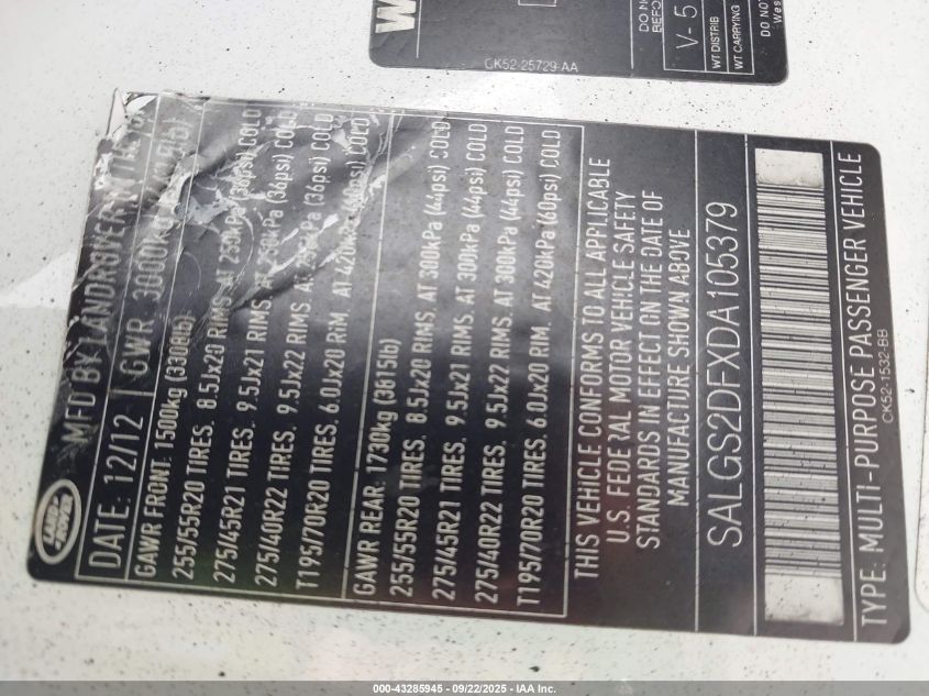 2013 Land Rover Range Rover Hse VIN: SALGS2DFXDA105379 Lot: 43285945