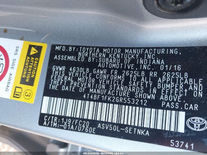 2016 Toyota Camry Le VIN: 4T4BF1FK2GR553212 Lot: 43285954