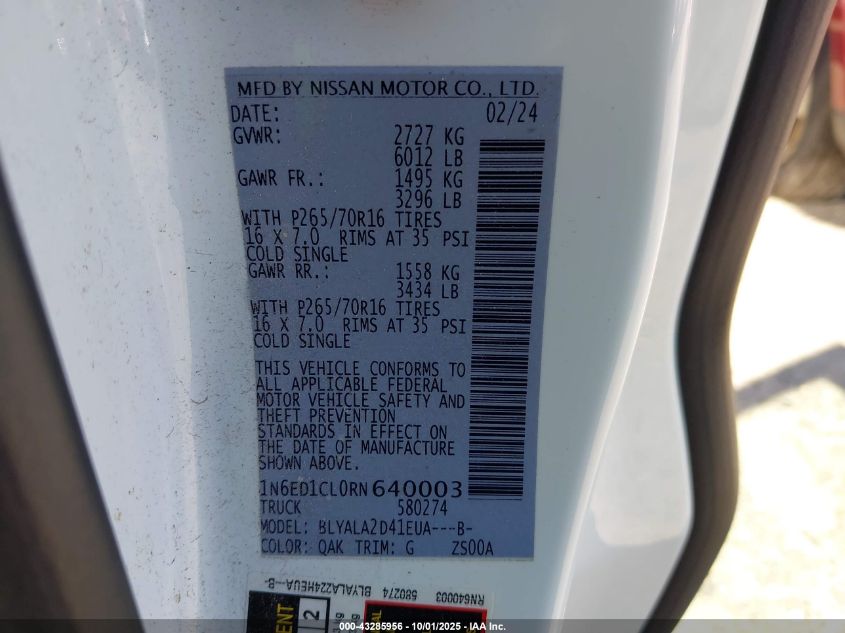 2024 Nissan Frontier King Cab S 4X2 VIN: 1N6ED1CL0RN640003 Lot: 43285956