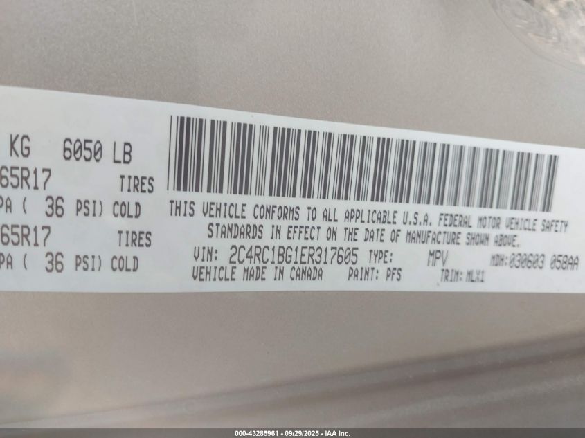 2014 Chrysler Town & Country Touring VIN: 2C4RC1BG1ER317605 Lot: 43285961