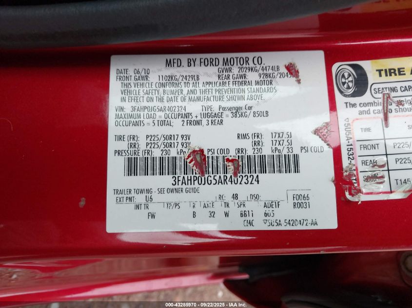2010 Ford Fusion Sel VIN: 3FAHP0JG5AR402324 Lot: 43285970