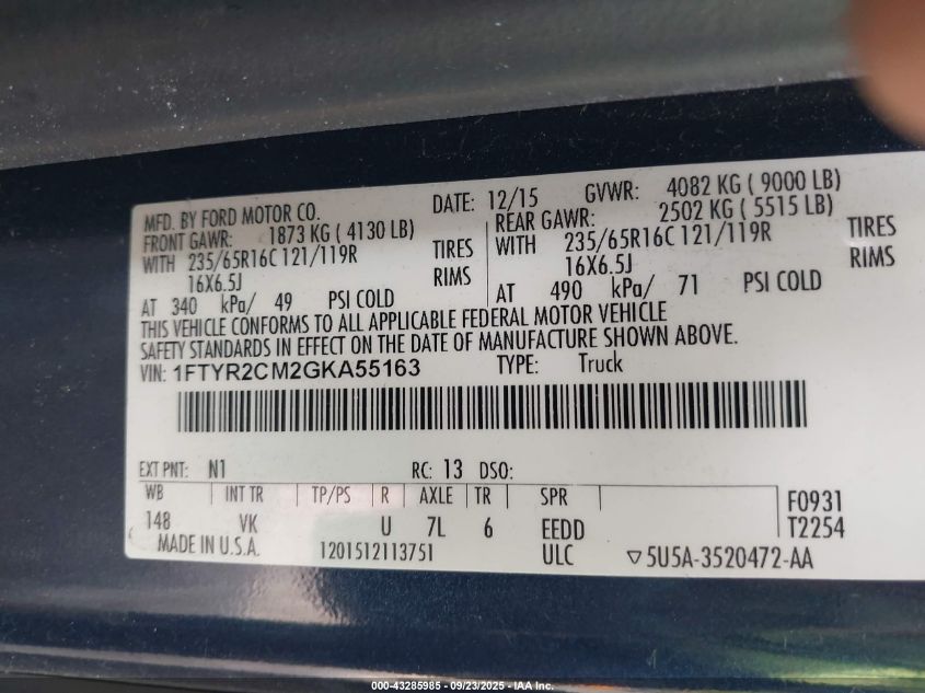 2016 Ford Transit-250 VIN: 1FTYR2CM2GKA55163 Lot: 43285985