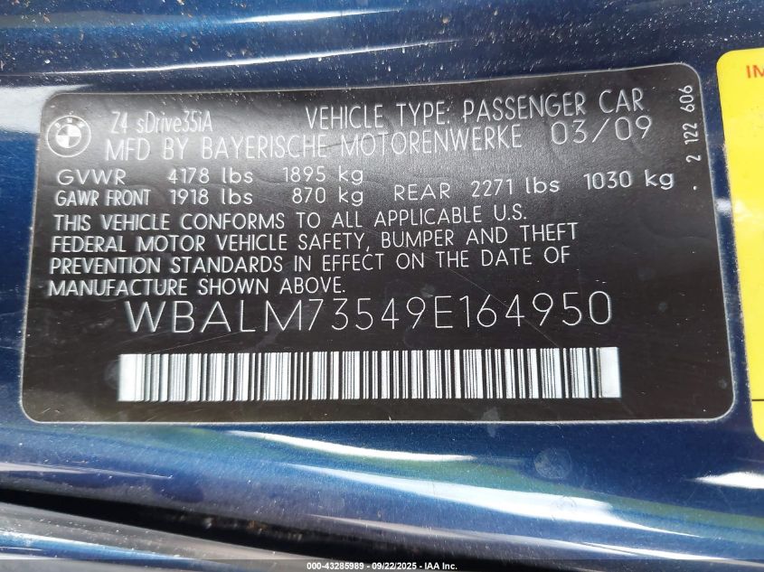 2009 BMW Z4 Sdrive35I VIN: WBALM73549E164950 Lot: 43285989