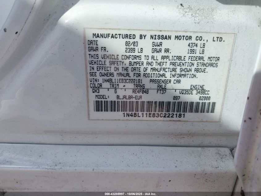 2003 Nissan Altima 3.5 Se VIN: 1N4BL11E83C222181 Lot: 43285997