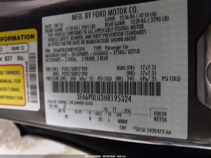 2017 FORD FUSION HYBRID SE - 3FA6P0LU3HR195324