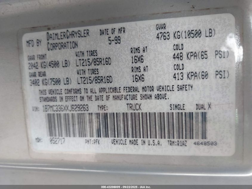 1999 Dodge Ram 3500 St VIN: 1B7MC336XXJ629263 Lot: 43286009
