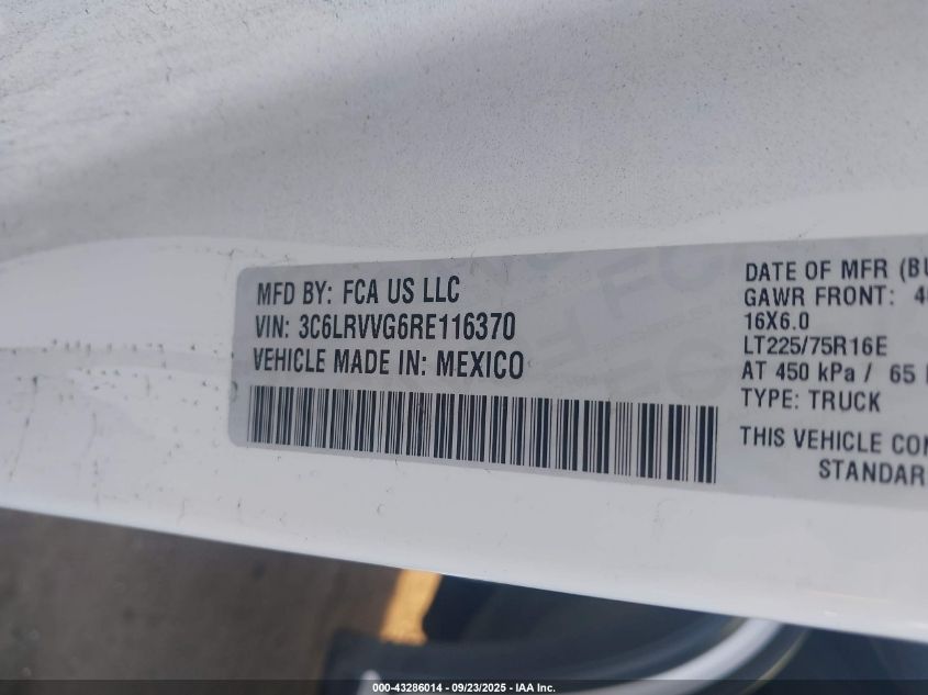 2024 Ram Promaster 2500 Tradesman Low Roof 136 Wb W/Pass Seat VIN: 3C6LRVVG6RE116370 Lot: 43286014