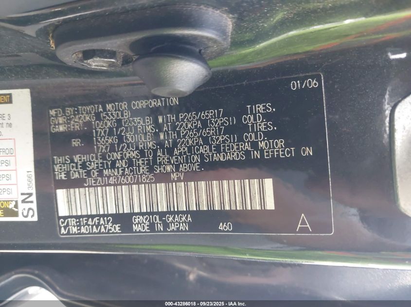 2006 Toyota 4Runner Sr5 V6 VIN: JTEZU14R760071825 Lot: 43286018