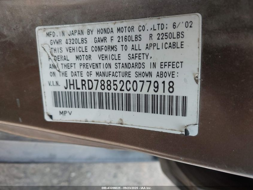 2002 Honda Cr-V Ex VIN: JHLRD78852C077918 Lot: 43286025