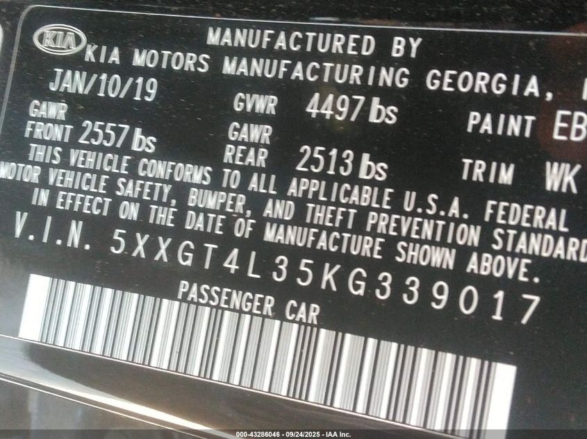 2019 Kia Optima Lx VIN: 5XXGT4L35KG339017 Lot: 43286046