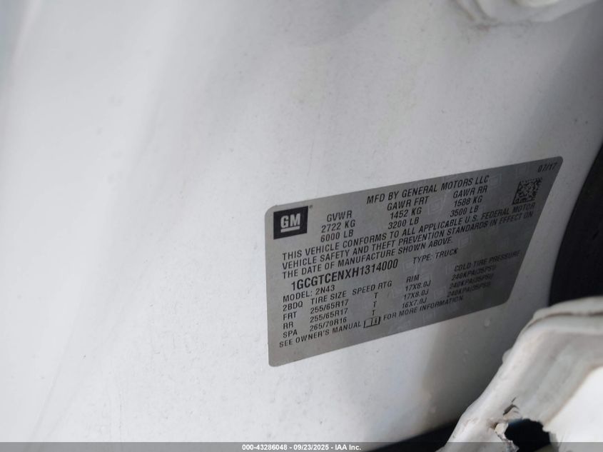 2017 Chevrolet Colorado Lt VIN: 1GCGTCENXH1314000 Lot: 43286048