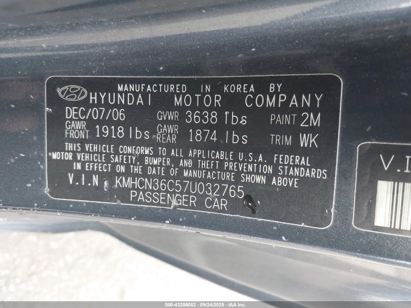 2007 Hyundai Accent Se VIN: KMHCN36C57U032765 Lot: 43286052