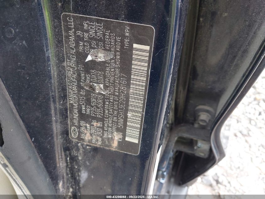 2009 Hyundai Santa Fe Limited VIN: 5NMSH13E29H281617 Lot: 43286068