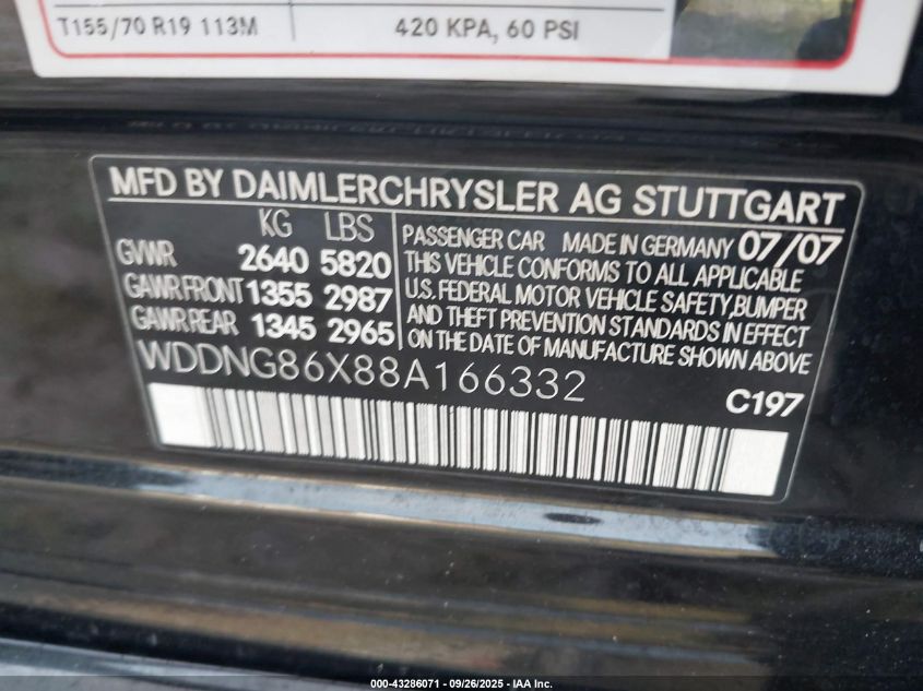 2008 Mercedes-Benz S 550 4Matic VIN: WDDNG86X88A166332 Lot: 43286071