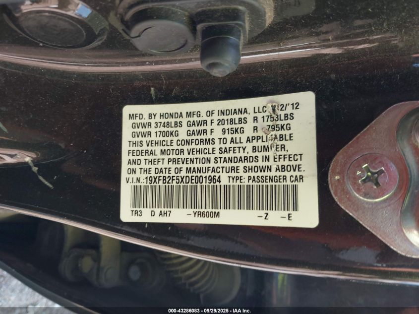 2013 Honda Civic Lx VIN: 19XFB2F5XDE001964 Lot: 43286083