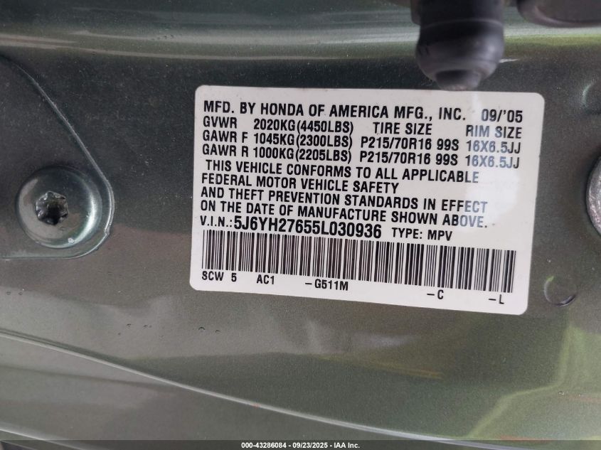2005 Honda Element Ex VIN: 5J6YH27655L030936 Lot: 43286084