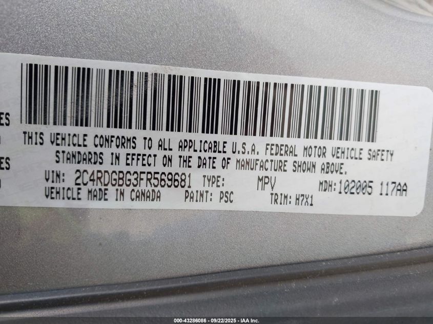 2015 Dodge Grand Caravan Se VIN: 2C4RDGBG3FR569681 Lot: 43286086