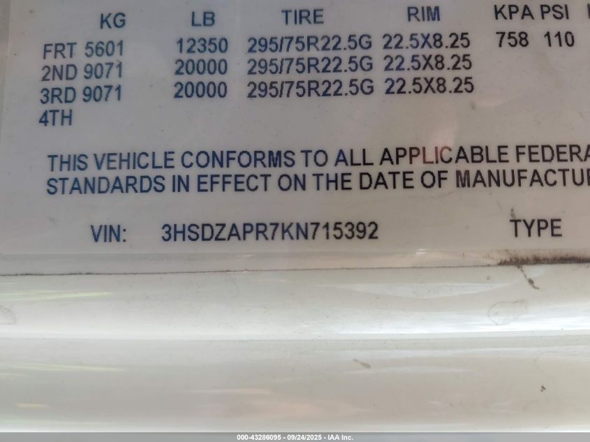 2019 International Lt VIN: 3HSDZAPR7KN715392 Lot: 43286095