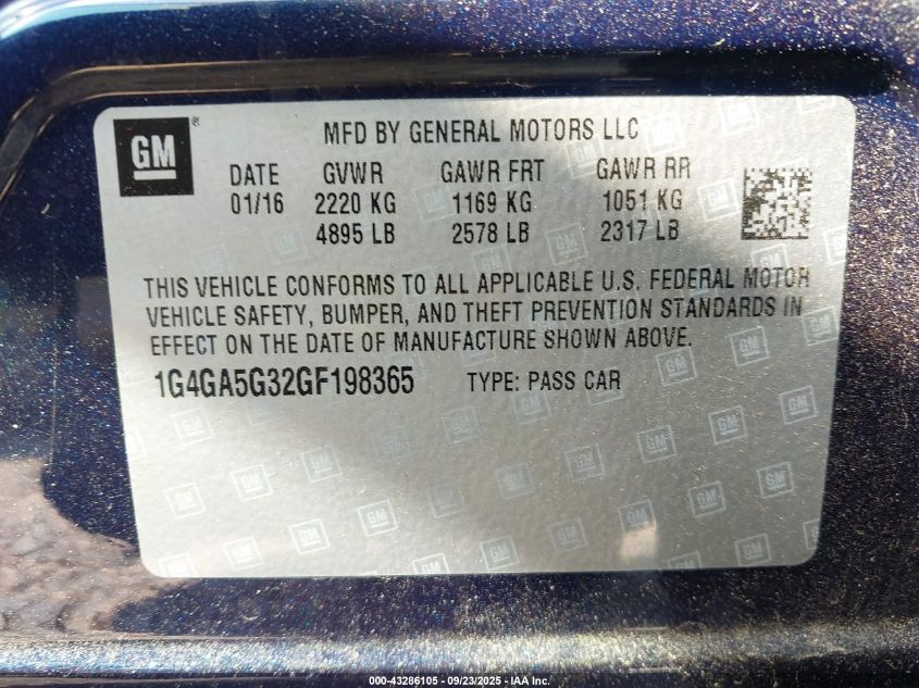 2016 Buick Lacrosse VIN: 1G4GA5G32GF198365 Lot: 43286105