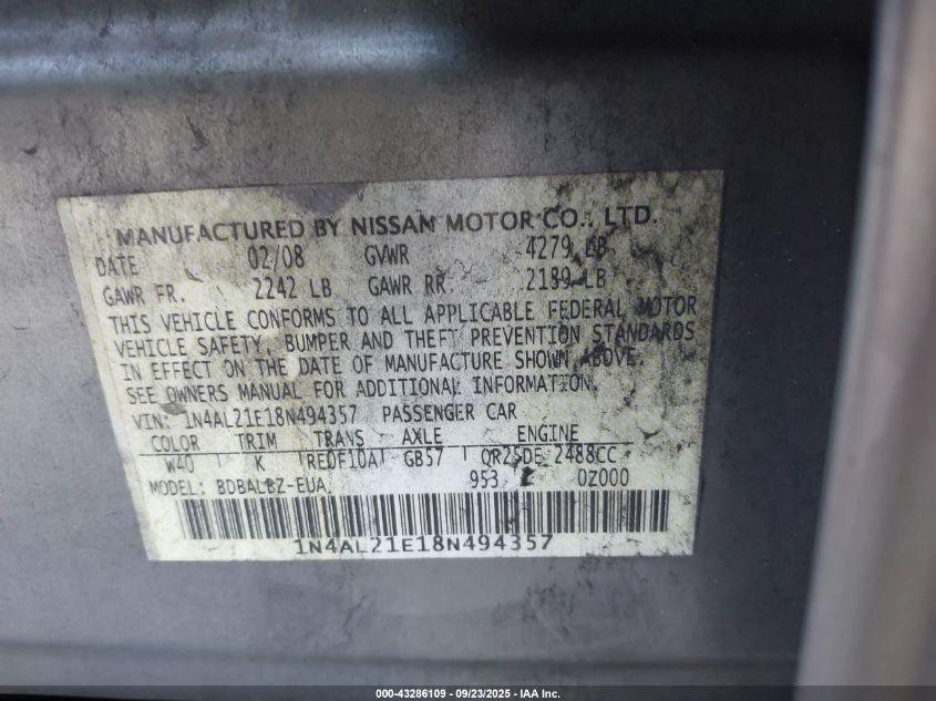 2008 Nissan Altima 2.5 S VIN: 1N4AL21E18N494357 Lot: 43286109