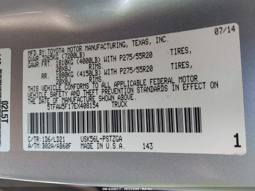 2014 Toyota Tundra 1794 5.7L V8 VIN: 5TFAW5F17EX408154 Lot: 43286117